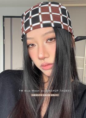 复古黑棕色红色格子围巾女辣妹小众Y2K包头帽头巾街舞甜酷装饰