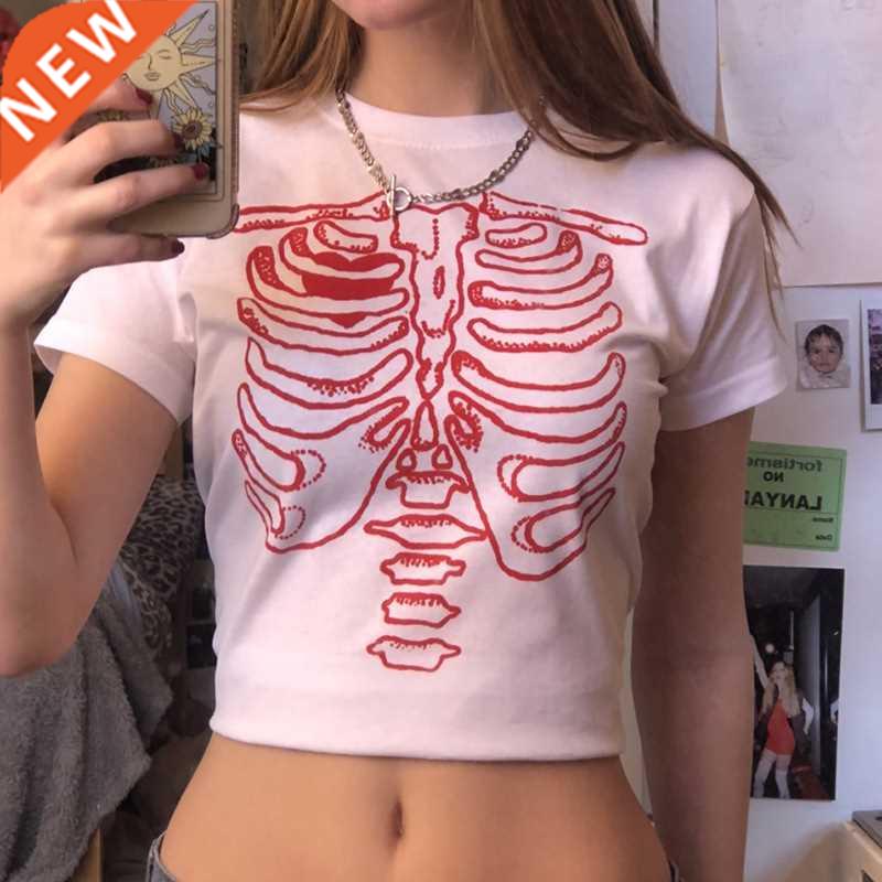 Punk E-girl Tee Gothic skull print T-shirt 90s sreetwear sum