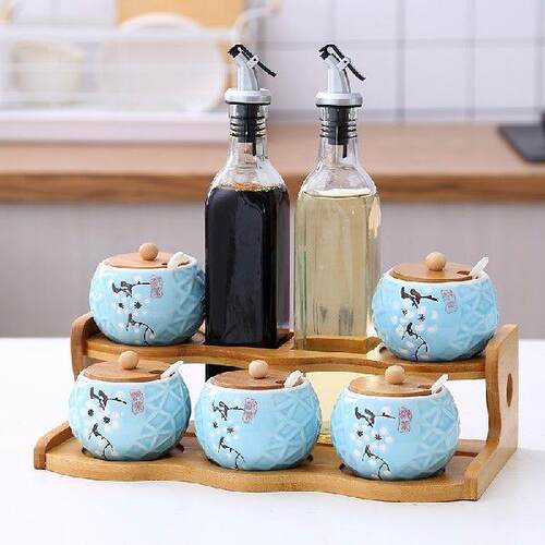Kitchen Seasoning Tank glass drawer type Salt tank bamboo
