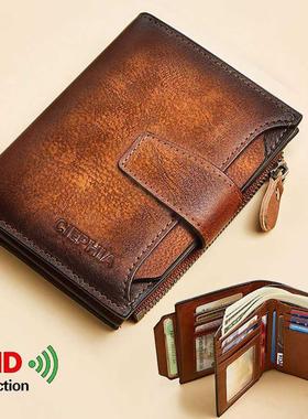Men's Genune Leather Wallet Vntage Short Mult Functon Bu