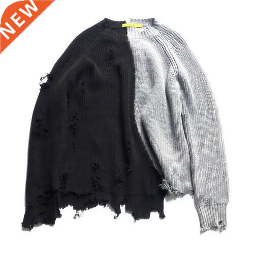 Autumn winter men ripped hole patchwork oversized knitted sw