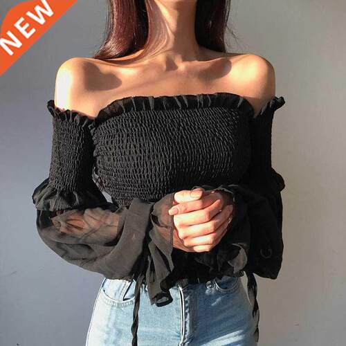 Fashion black Color Pleated Bow Women Ladies Long Sleeve Off