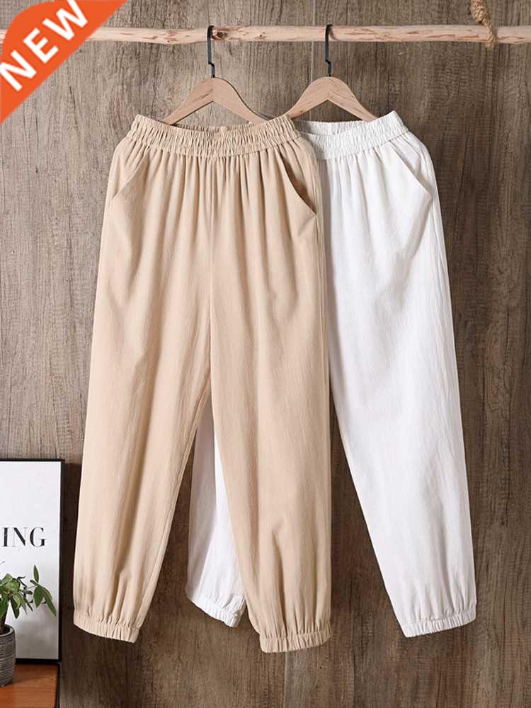 2022 Spring Summer Casual Cotton Linen Pants Women Elastic W