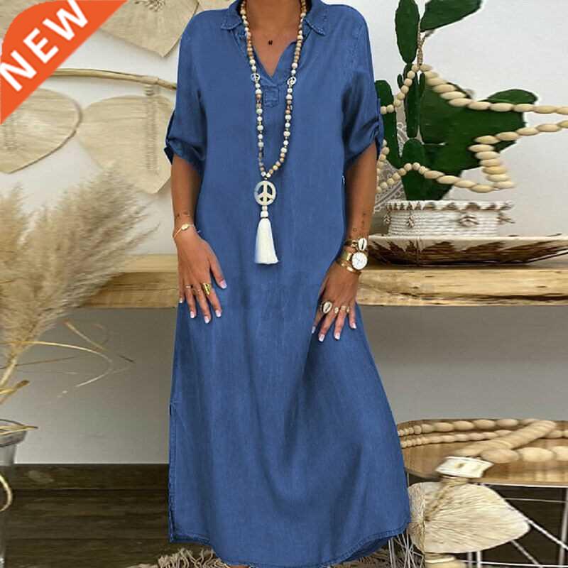 Summer Denim Dress For Women 2021 Casual Spring Blue V-Neck