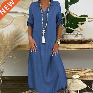 Summer Denim Dress For Women 2021 Casual Spring Blue V-Neck