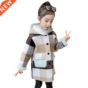 Girls Long Jacket Plaid Pattern Coat For Girls Hooded Childr