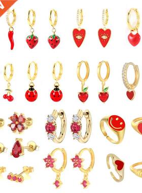 S925 Sterling Silver Hoop Earrings Red Dripping Oil Aros mel