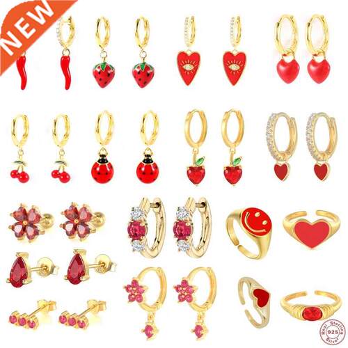 S925 Sterling Silver Hoop Earrings Red Dripping Oil Aros mel