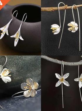 925 sterlng slver Long Flower Earrngs For Women Elegant L