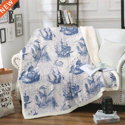 Nautical Throw Blanket, Teens Retro Sailboat Plush Bed Blank