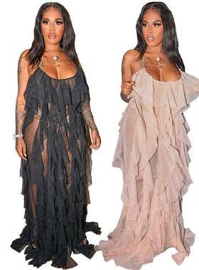 2022 Sexy Mesh Beach Maxi Dresses Women Spaghetti Strap Ruff