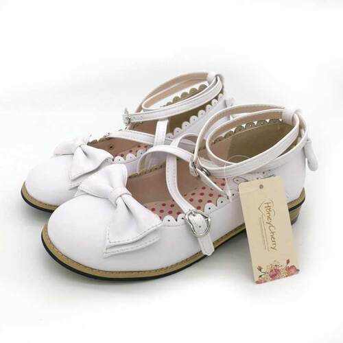 Lolita shoes women flats low round with cross straps bow cut