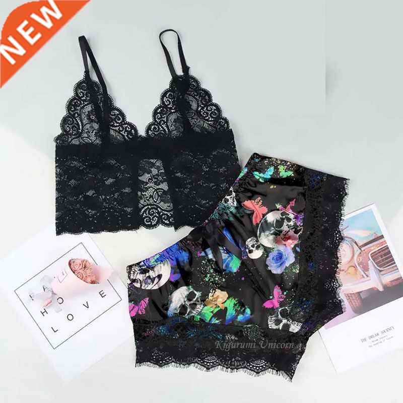 New Print Pajamas Sets Women Lace Sexy Satin Silk Pyjamas Sl