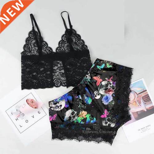 New Print Pajamas Sets Women Lace Sexy Satin Silk Pyjamas Sl