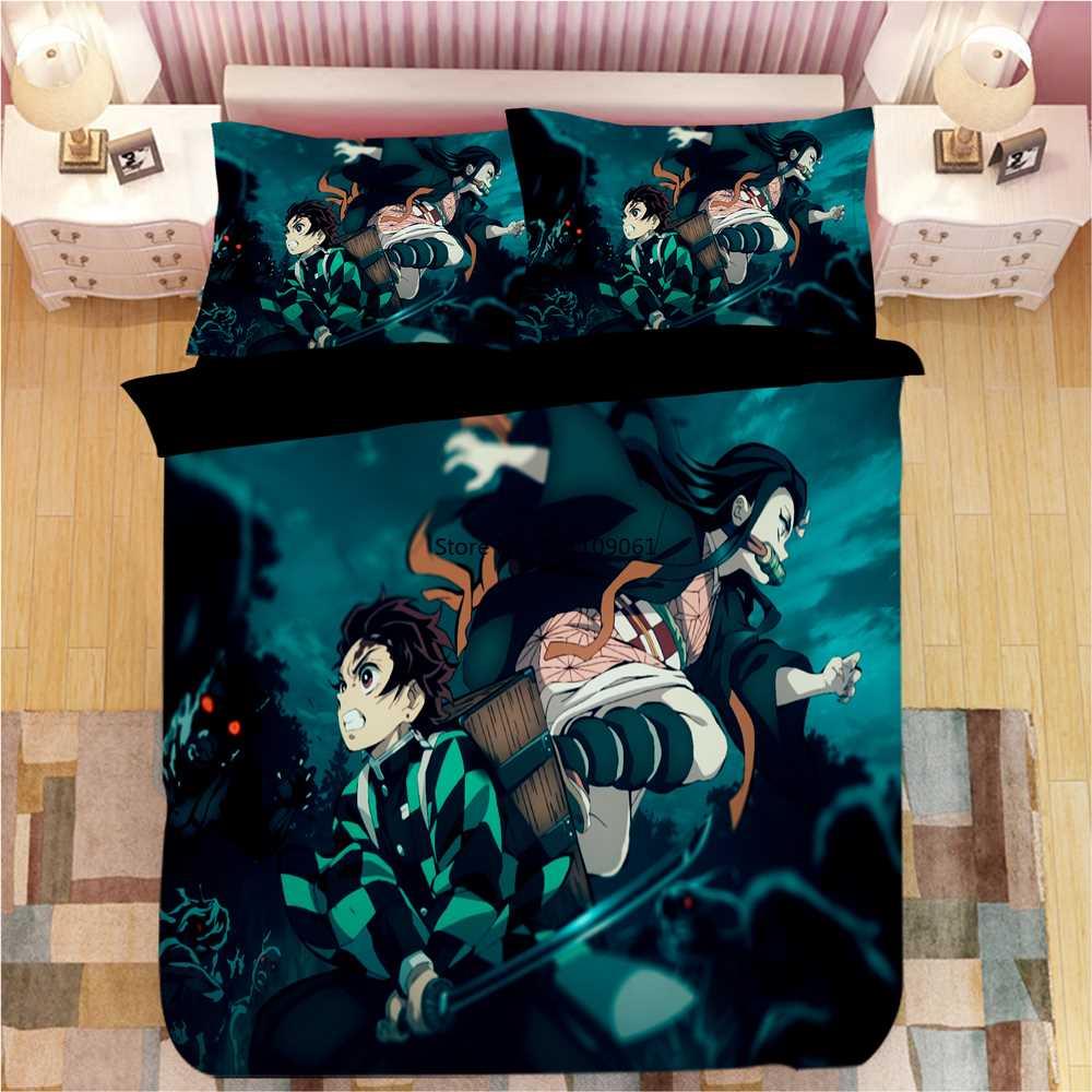 Demon Slayer Stcker Bed Lnen Cartoon Anme Duvet Covers P
