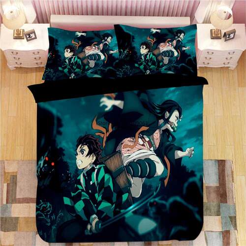 Demon Slayer Stcker Bed Lnen Cartoon Anme Duvet Covers P
