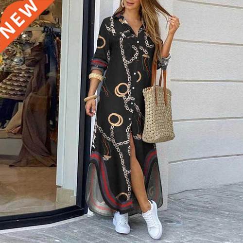 Casual Dresses Women Long Sleeve Shirt Dress Autumn Printed