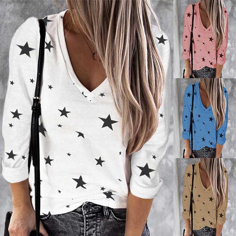 S-5xl Women's Printed V-neck Long sleeve T-shirt大码女士T恤图片