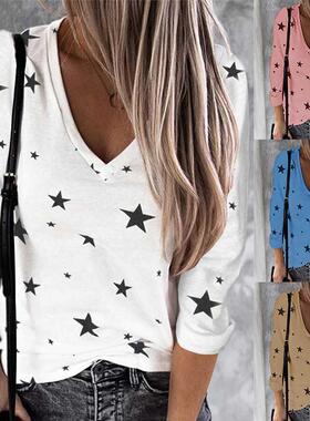 S-5xl Women's Printed V-neck Long sleeve T-shirt大码女士T恤