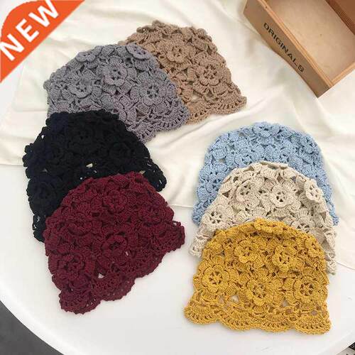 Hand-Woven Hollow Flower Wool Beret Female Autumn and Winter