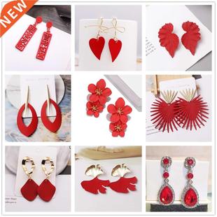 Red Color Hang Earrings for Women Ser Korean Flower Heart