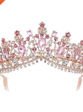 Baroque Rose Gold Pink Crystal Bridal Tiara Crown With Comb