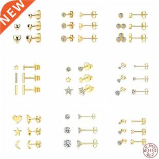 3PCS/Set Piercing Aretes Real  Sterling Silver Moon Star