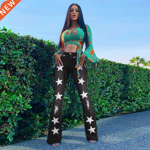 S-3xl Large size ladies printed ripped denim bell bottoms