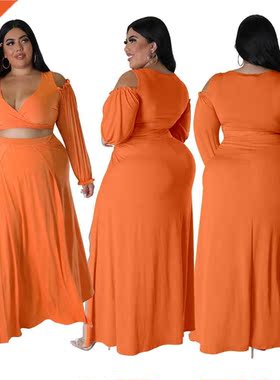 Xl-4xl large size solid V-neck Orange split two-piece set22