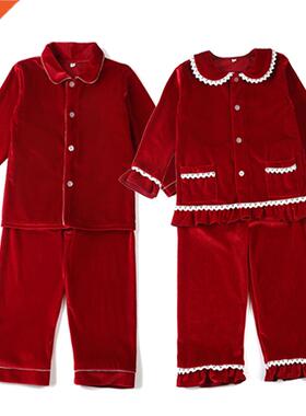 Winter Boutique Velvet Fabric Red Kids Clothes Pjs With Lace