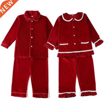Winter Boutique Velvet Fabric Red Kids Clothes Pjs With Lace