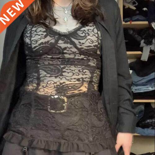 Korean Kawaii Retro Black Lace Cami Top Women Sexy See Throu