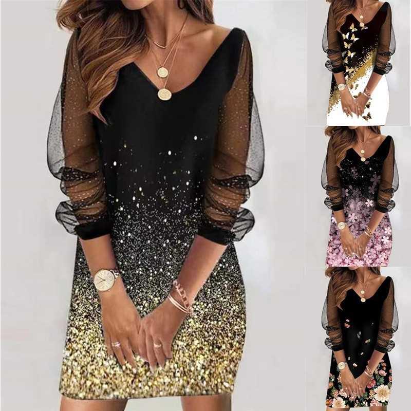 Elegant Retro Print Sequined Mesh Party Dress Women's Spring