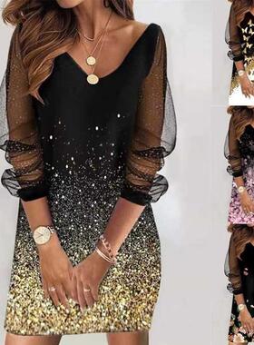Elegant Retro Print Sequined Mesh Party Dress Women's Spring