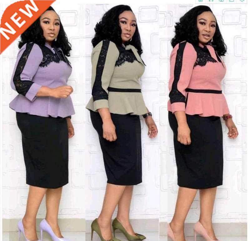 L-4XL Ladies African Lace Bow Dress大码非洲女士时尚连衣裙