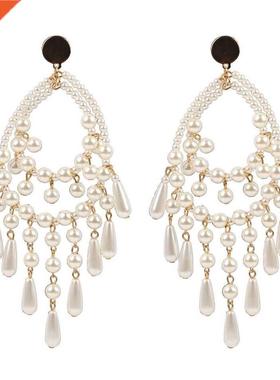 5P Gold Metal Handmade Pearl Big for Women Dangle Drop Earri