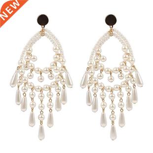 5P Gold Metal Handmade Pearl Big for Women Dangle Drop Earri