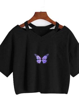 Summer Women Gothic T-Shirts Butterfly Crop Top Girls Short