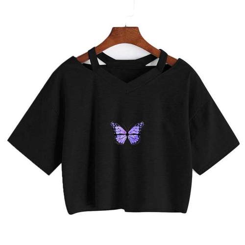 Summer Women Gothic T-Shirts Butterfly Crop Top Girls Short