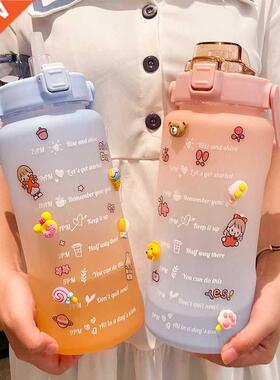 2L Sports Straw Water Bottle With Stickers Portable Large Ca