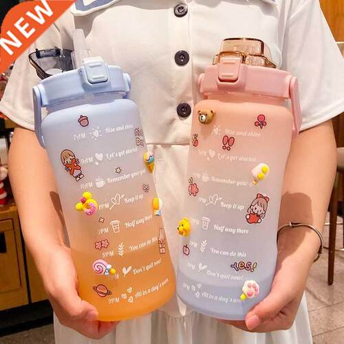 2L Sports Straw Water Bottle With Stickers Portable Large Ca