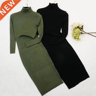 New Autumn Winter Women Knitted Dress Turtleneck Sweater Dre