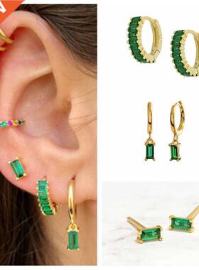 100% S925 Sterling Silver CZ Pendientes Micro Pave Green Zir