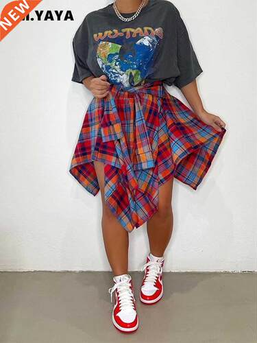 CM.YAYA Women Plaid Irregular High Waist Knee Length Skirts