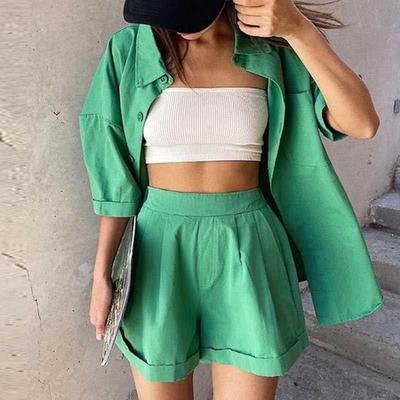 Fashion Two Piece Shorts Sets Women Suit Casual Button Up Sh