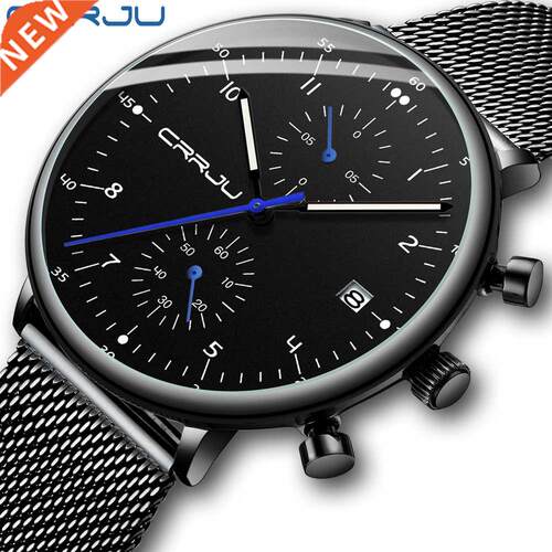 Mens Watch CRRJU Luxury Top Brand Men Stainless Steel Wrist