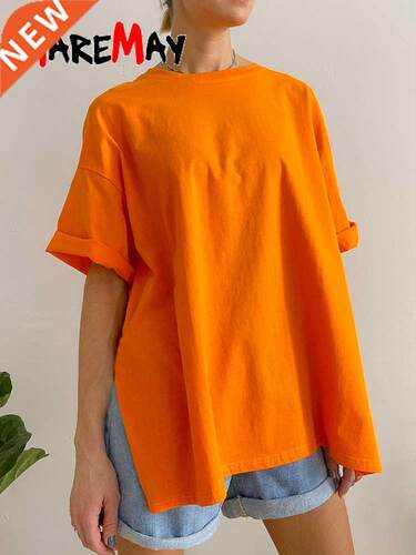 Cotton Oversized T Shirt Women Green Loose Basic Casual O Ne