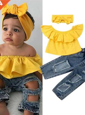 1-6Y Baby Girl Off Shoulder Ruffles Tops Kids Ripped Holes D