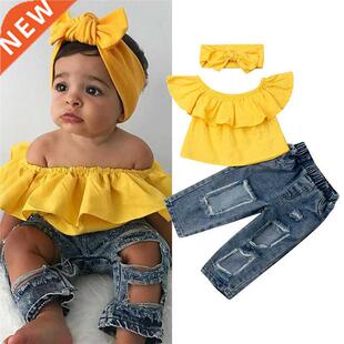 1-6Y Baby Girl Off Shoulder Ruffles Tops Kids Ripped Holes D