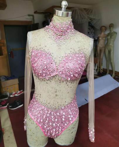 Sexy Mesh Transparent Stones Bodysuit Birthday Party Outfit